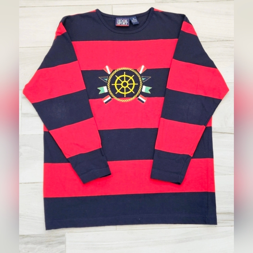 Vintage 80s 90s Hook Sport Nautical Rugby Shirt Red Navy L